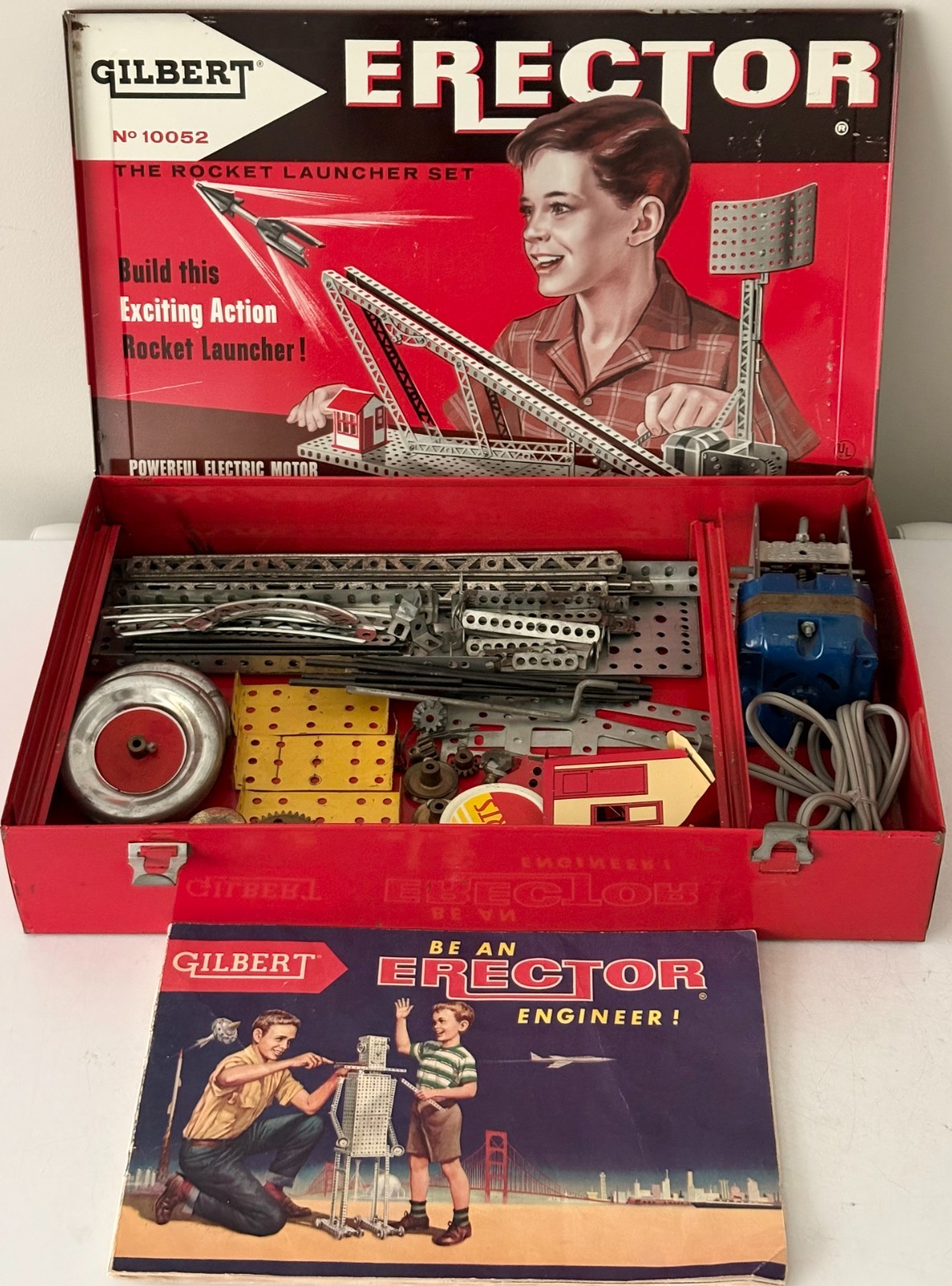 Gilbert Erector Rocket Launcher 10052 W/ Electric Motor in Original Tin Box
