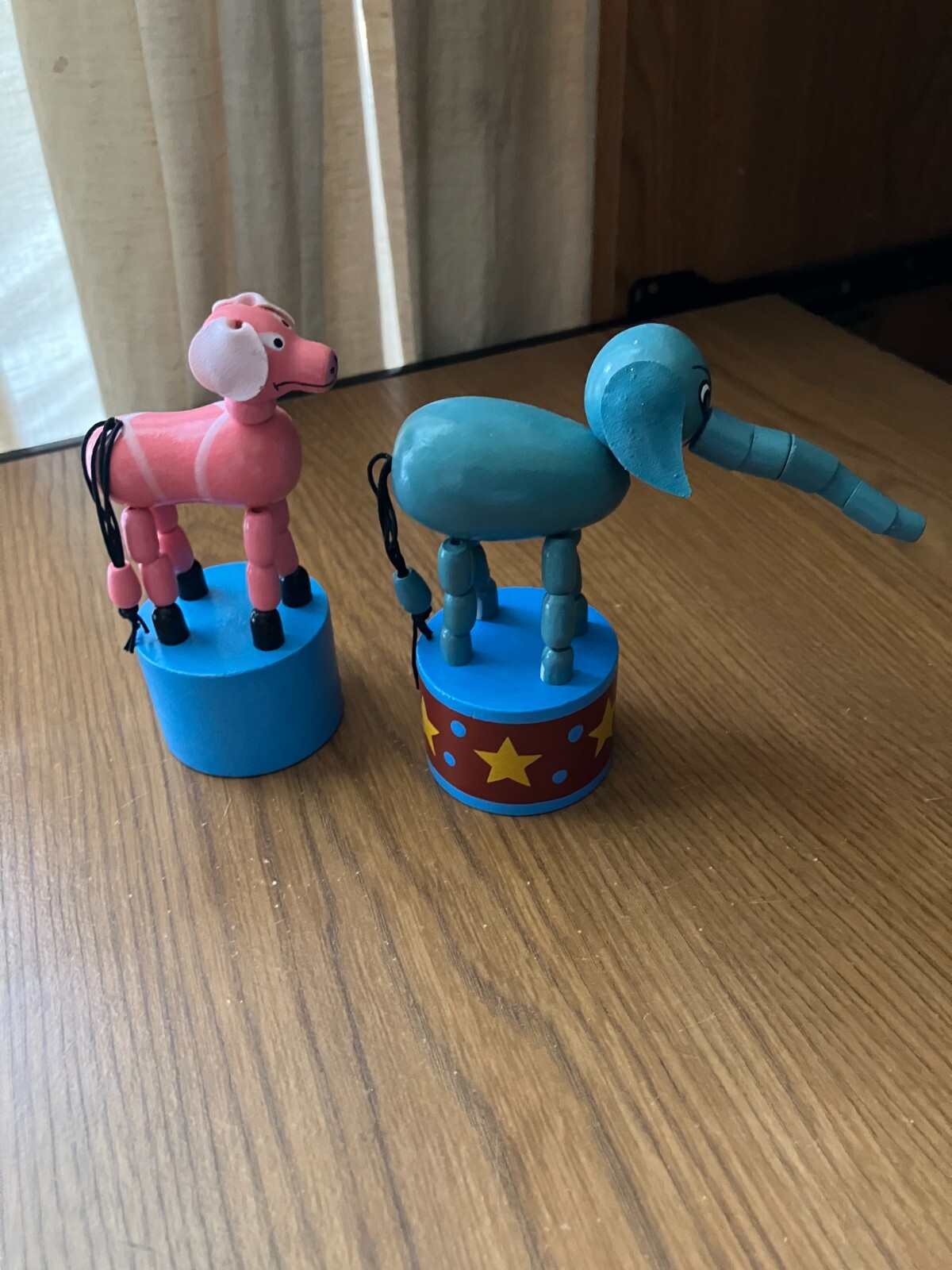 2 Vintage push up toys Pink Pig, Blue Elephant