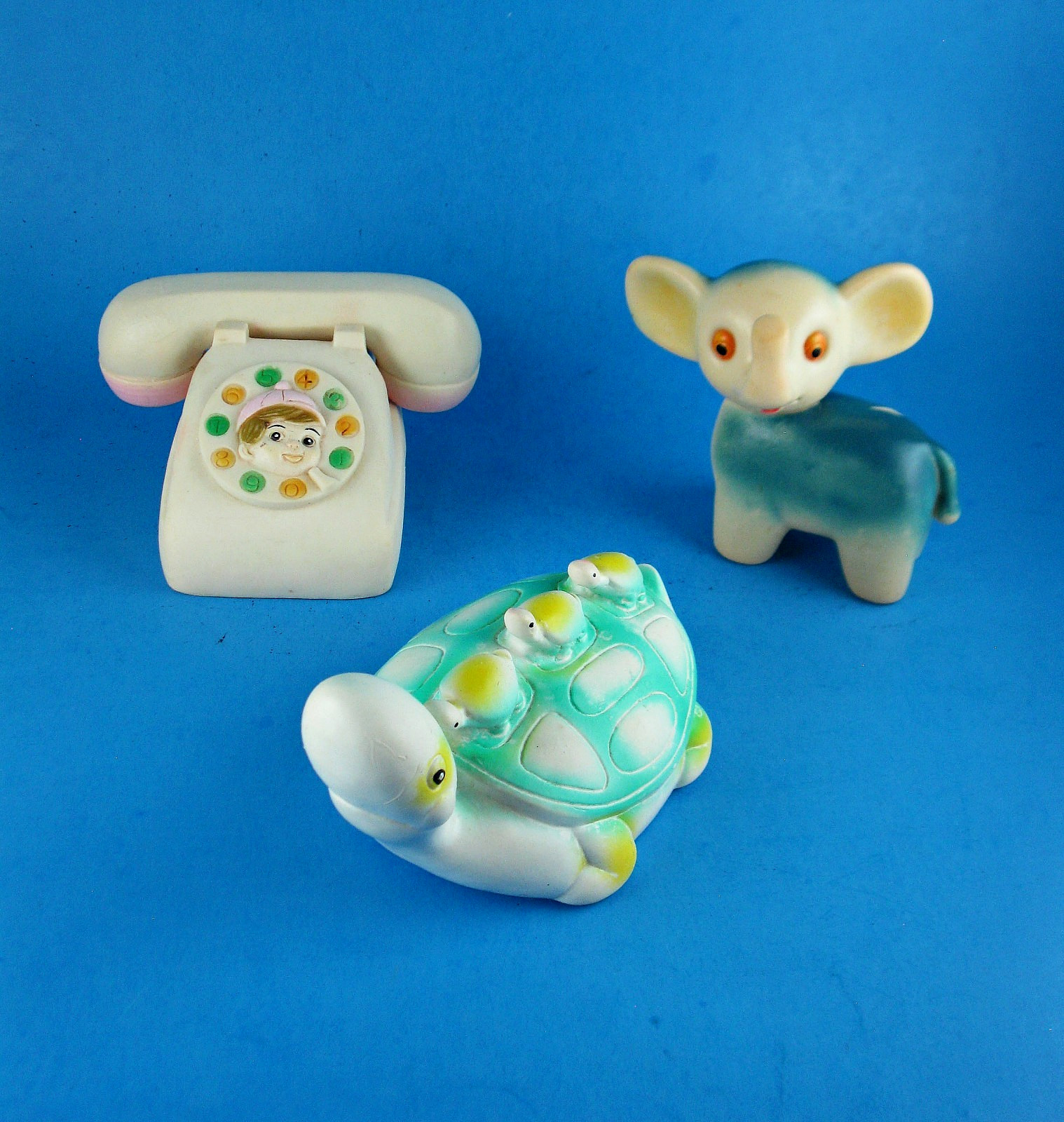 Vtg RUBBER SQUEAKY TOY YOSHINO Japan STAHLWOOD Taiwan TURTLE ELEPHANT TELEPHONE