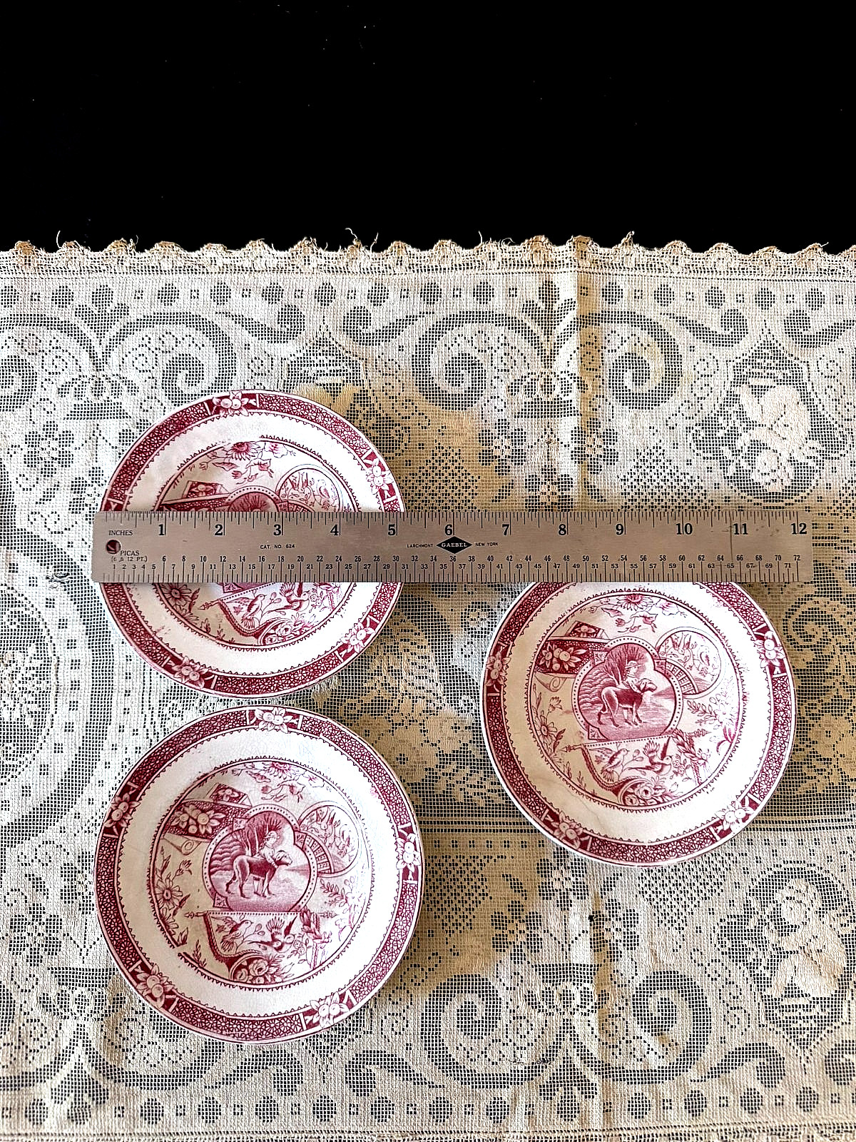 Antique Chas. Allerton Little Mae/Dog Red Transferware Child’s Tea Set & Spoons
