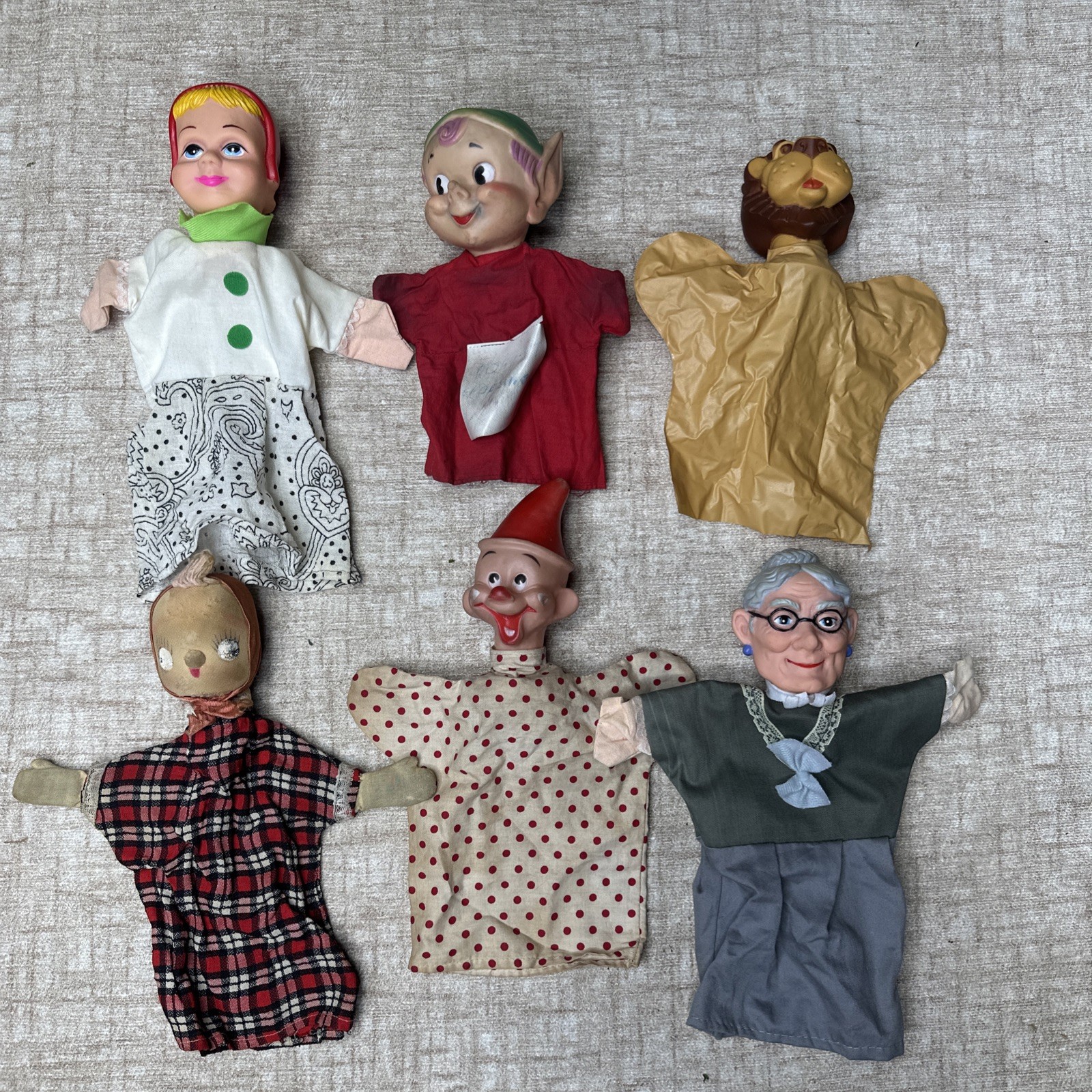 Vintage Hand Puppet Lot of 6 Mid Century Rubber Head Fabric Toy Elf Clown Granny