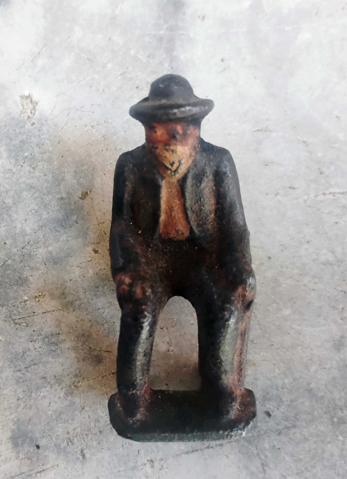 Antique Small Cast Seated Man Hands on Knees, Figure from Cast Iron Toy