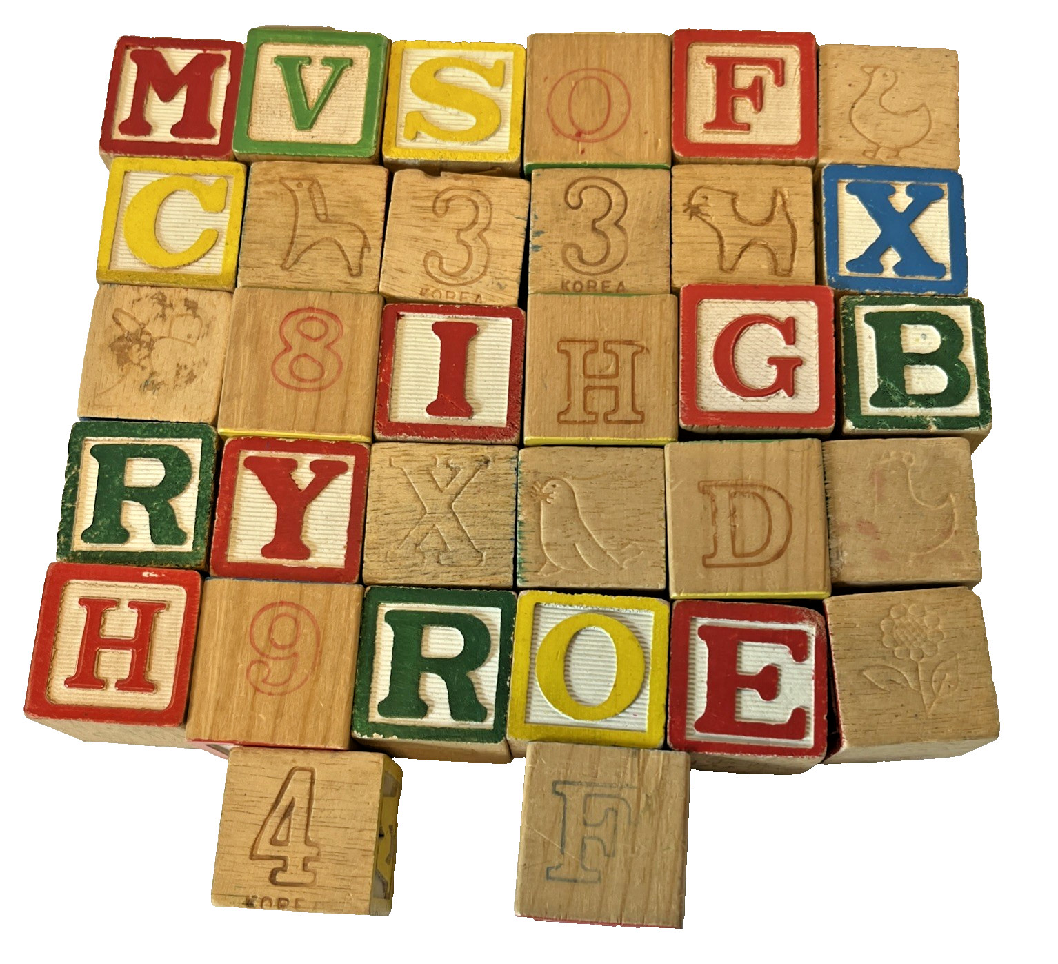Vintage Wooden Alphabet ABC Blocks Numbers Objects Crafts Decor Play Korea 32 Pc