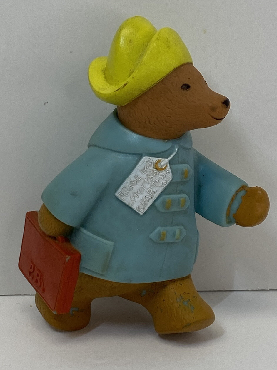 Vintage 1976 Eden Paddington Bear Rubber Figurine 4 1/2″ -Blue Coat / Yellow Hat