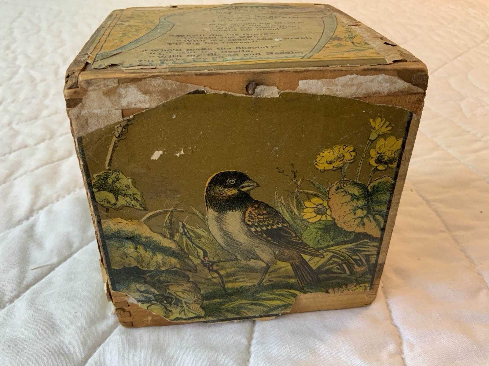 Antique Children’s Toy Stacking Block, 1881, Marriage Of Jenny Wren, Cock Robin