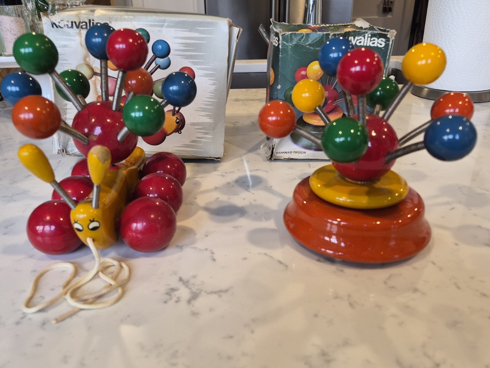 Vintage KOUVALIAS Silly Balls On Springs Caterpillar & KOUVALIAS Music Box READ