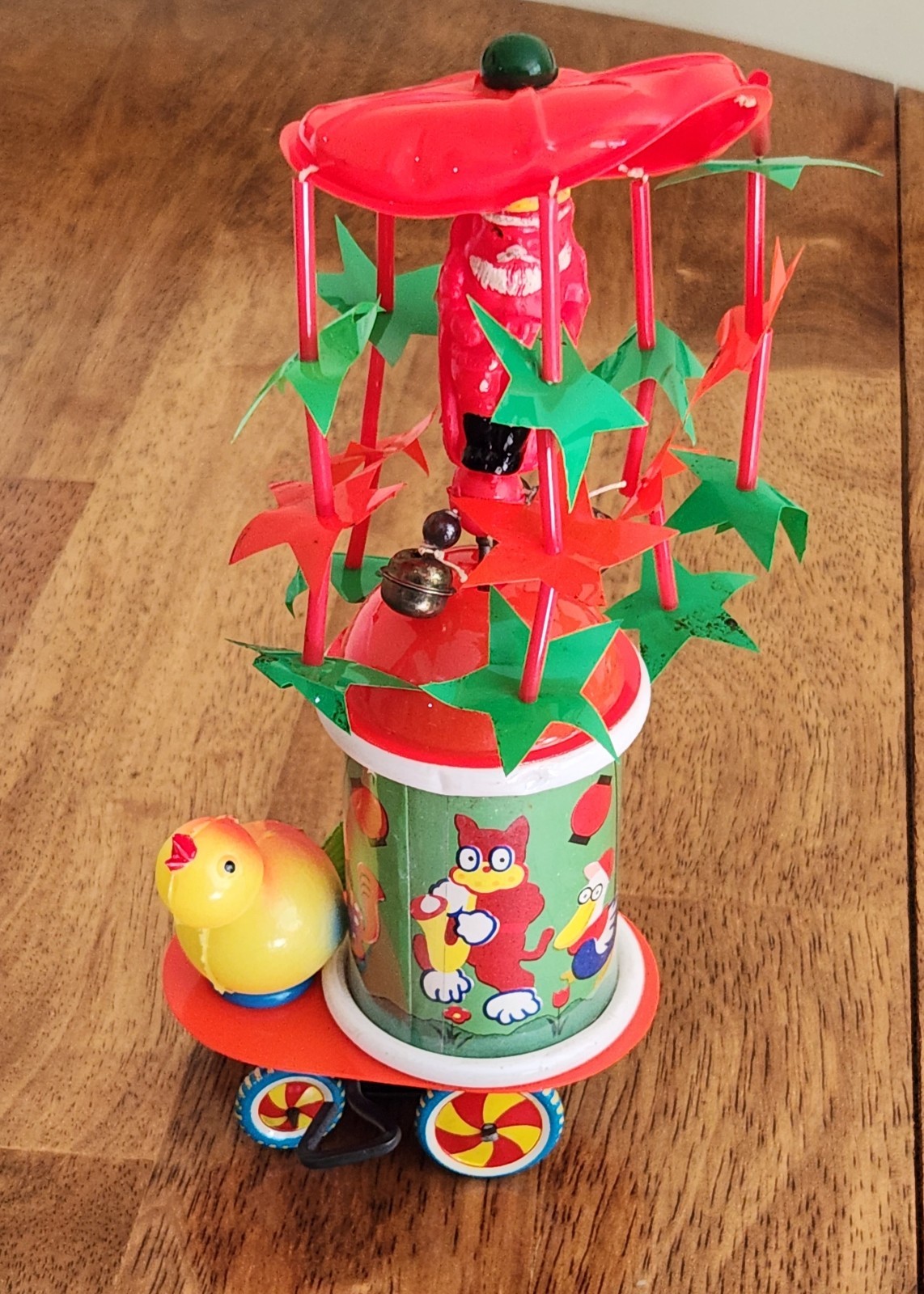 Vtg Japan Tin Wind Up Carousel Toy Celluloid Santa Claus Circus Animals WORKING