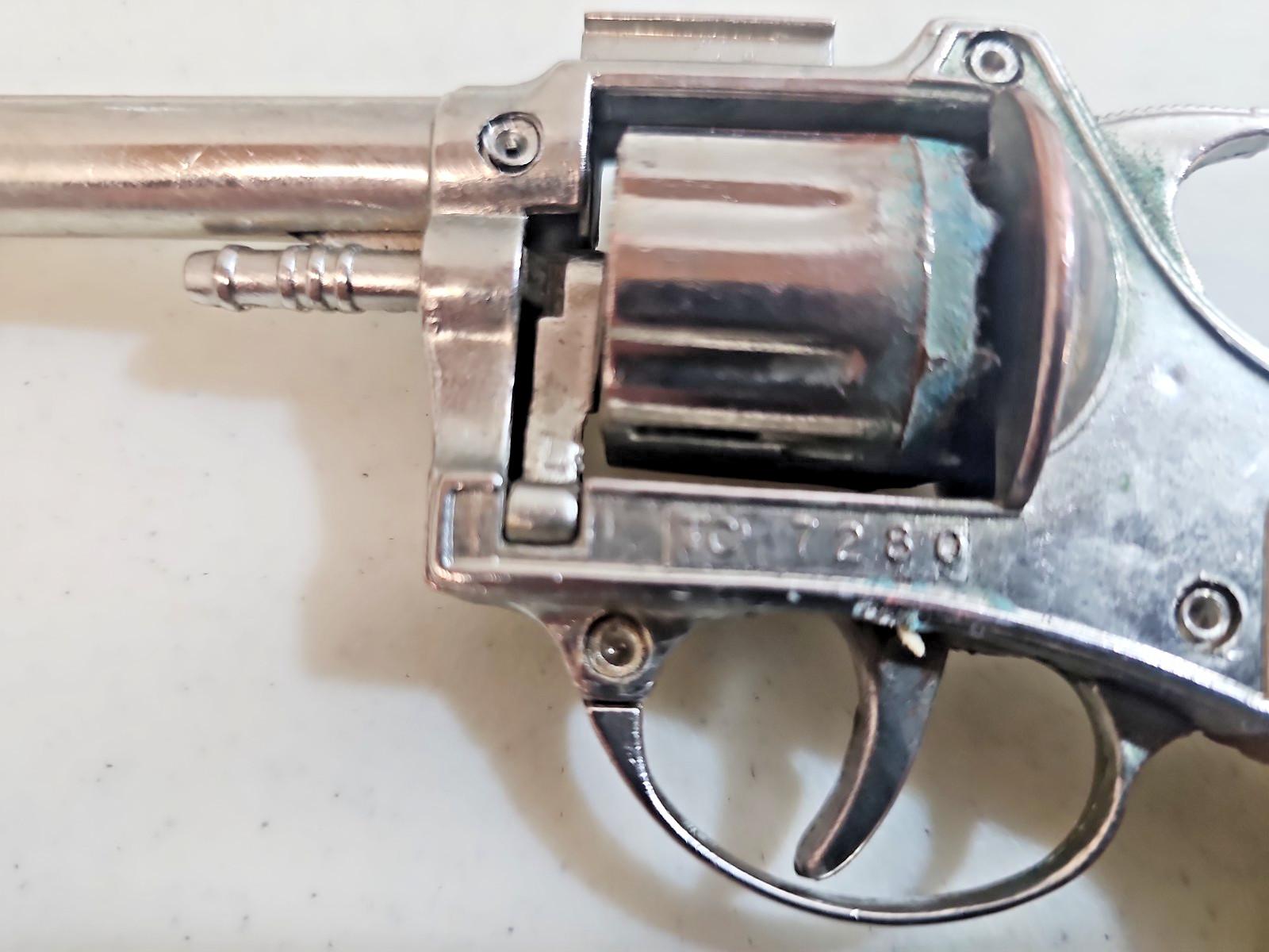 Vintage Old 7″ Schylling Rowley Diecast Metal Toy Cap Revolver, Silver Metal