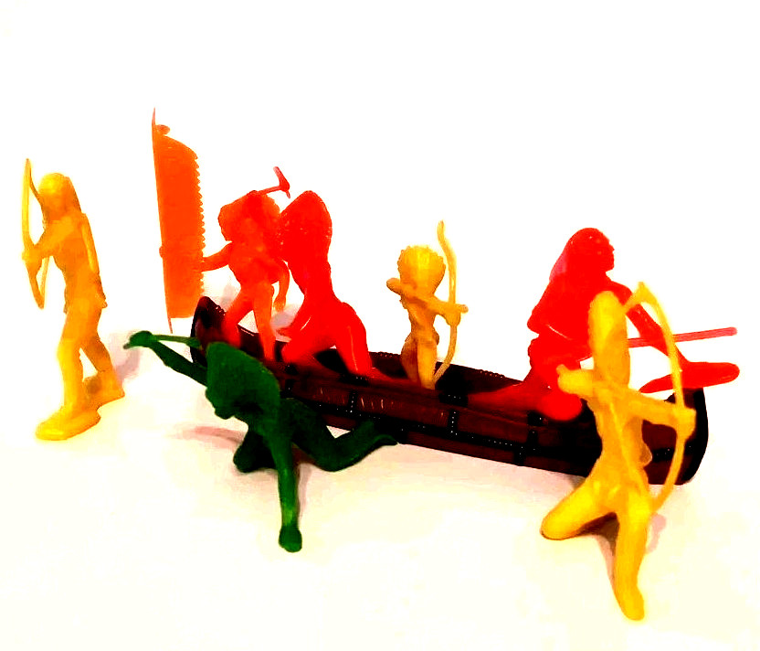 Plastic Figures Mixed Lot of 7 Native American Indians and 1 Canoe Classic Toys