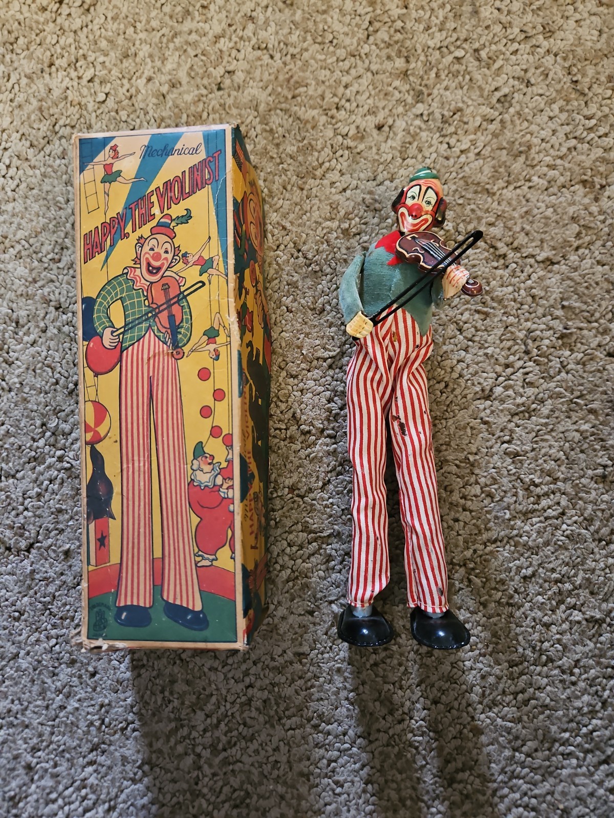 Vtg. 1950s HAPPY, THE VIOLINIST Clown # 1216 Mechanical Toy w/ Original Box