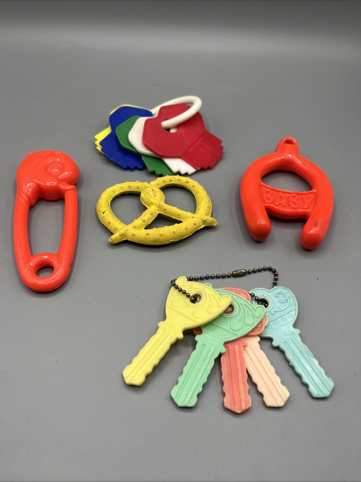 Lot of 5 Vintage Baby Rattles Toys Hard Plastic Keys Pretzel
