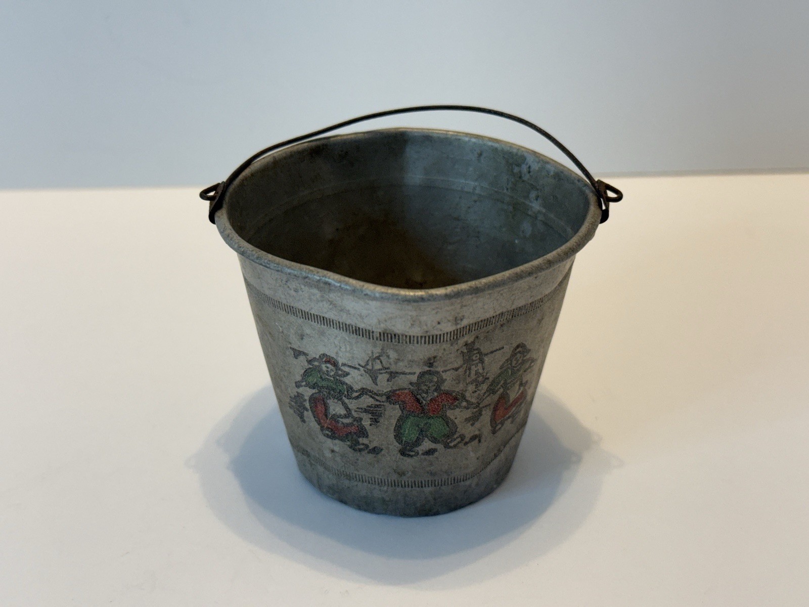 Tin Sand Pail Bucket Made In France Miniature w/ Dutch Children Green & Red VTG