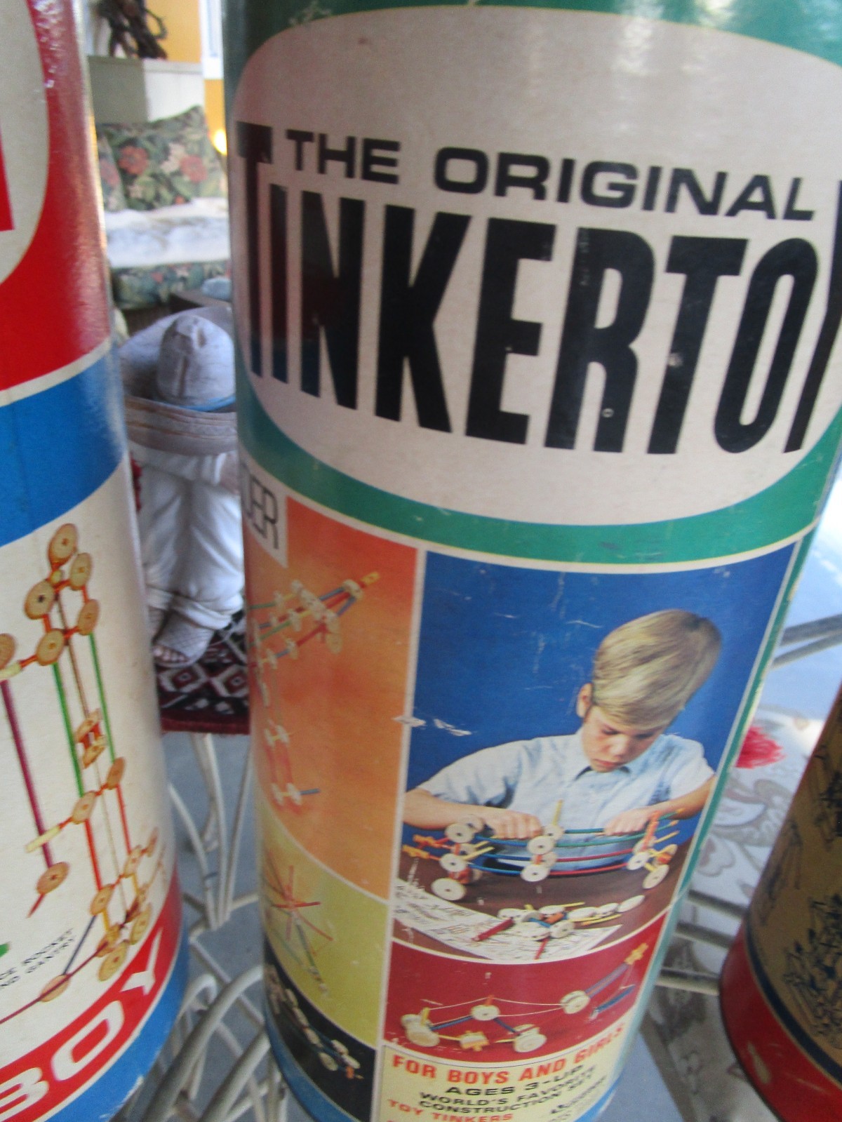 VTG. LOT 3 CAN OLD TINKER TOYS 14-13-12.75 HAS CONTENTS