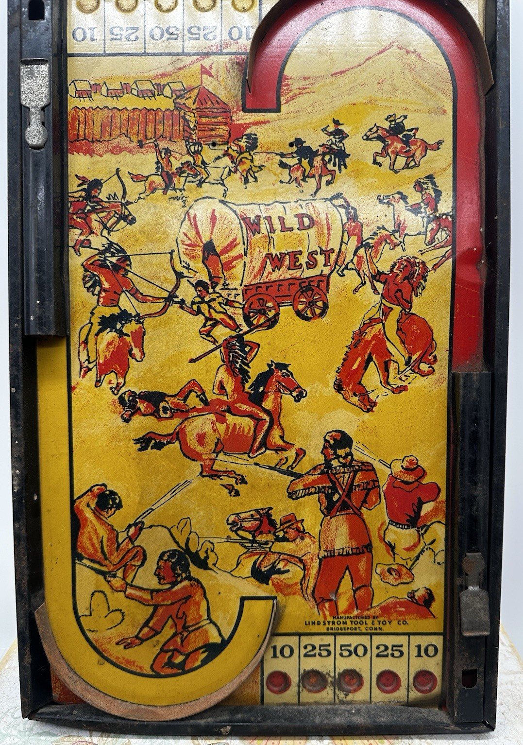 1930s Tabletop Pinball Game Toy by Lindstrom Tool & Toy Co Wild West Tin Litho