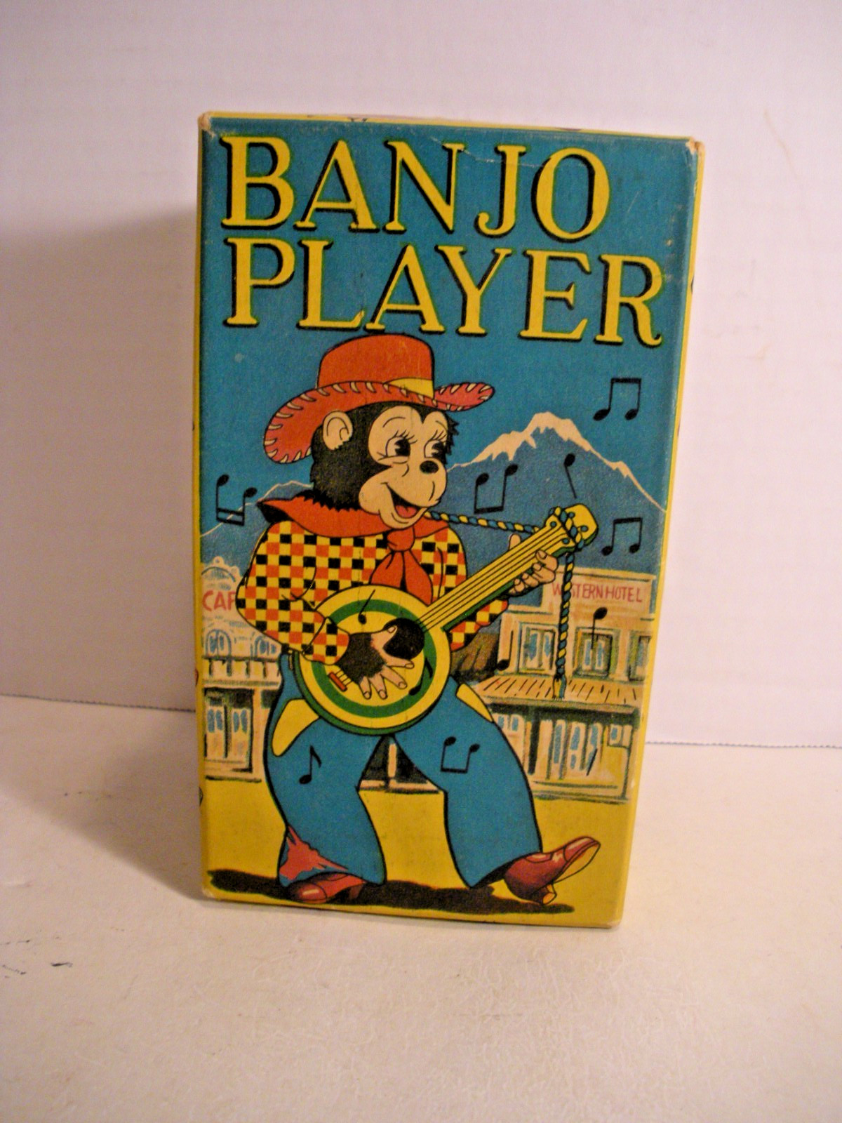 Vintage Windup Toy Banjo Player SK Super Toys Toyland Empty Box Cowboy Monkey 7″