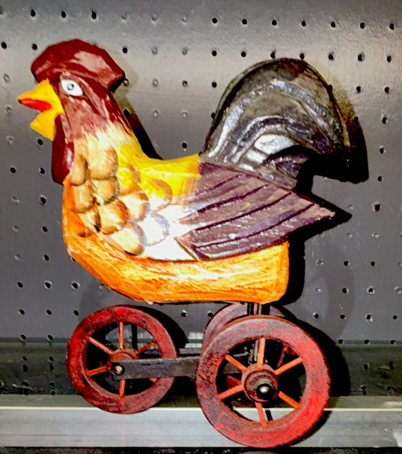 Vintage Wooden Rooster Pull Toy with Red Wheels for Ages 3-11 Years Collectible
