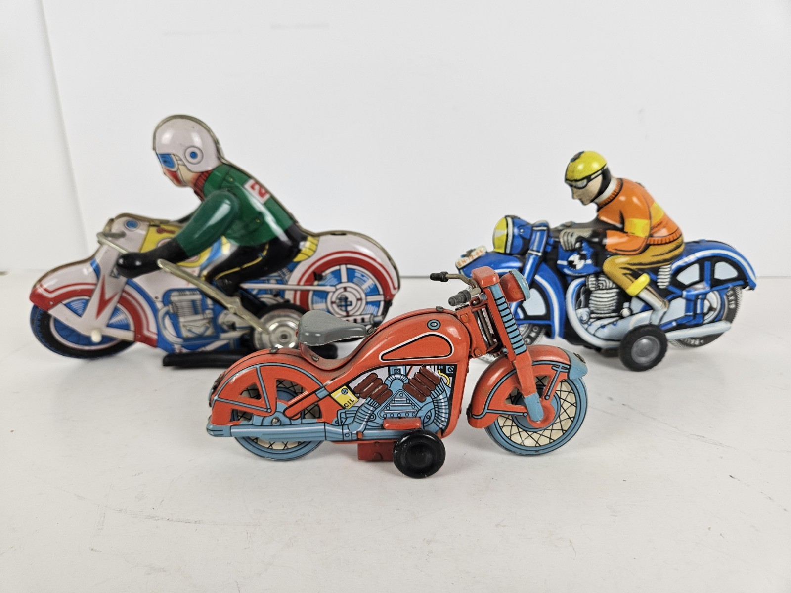 Vintage Lot of 3 Tin Litho Wind-Up and Friction Motorcycle Toy Toys