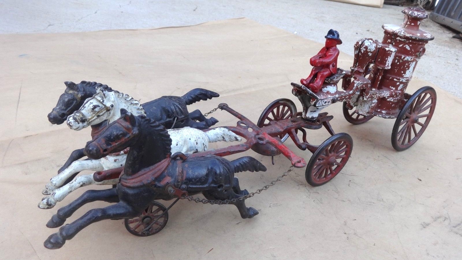 Early IVES CAST IRON 3 HORSE DRAWN FIRE WATER PUMPER Original Vintage large toy
