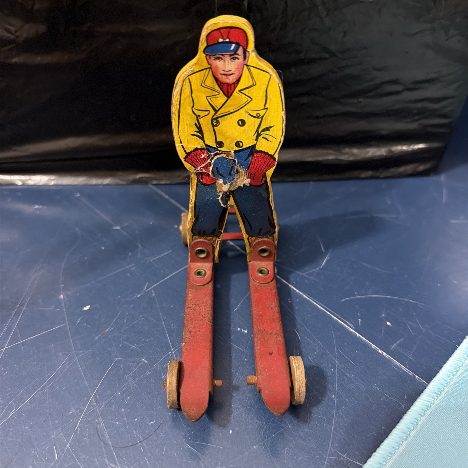 Vintage 1940’s Wolverine Sun Valley Ski-Jumper Tin Toy Wooden Wheels First Ed.