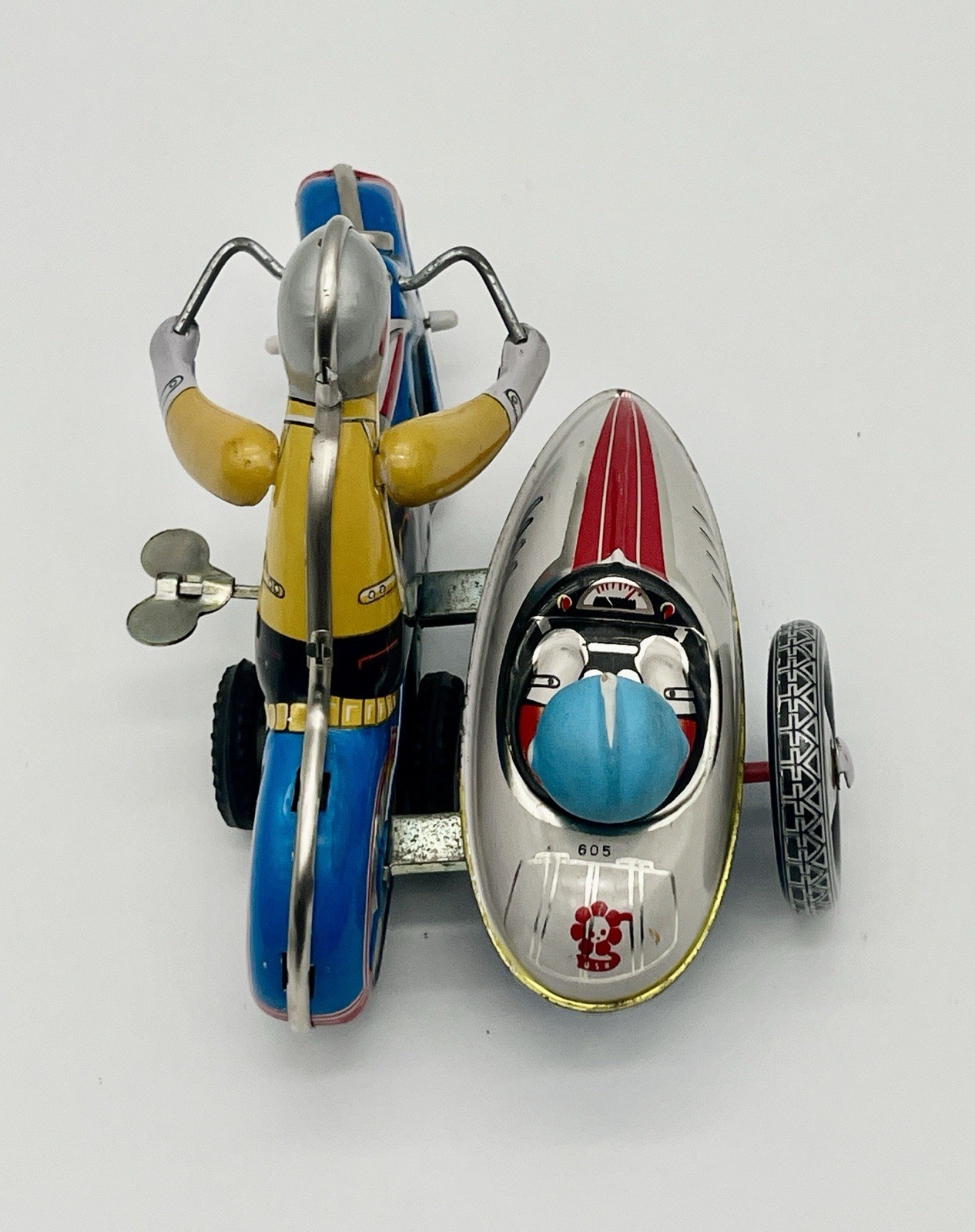 Wind up Clockwork Motorcycle With Sidecar Tin Toy Works with Key