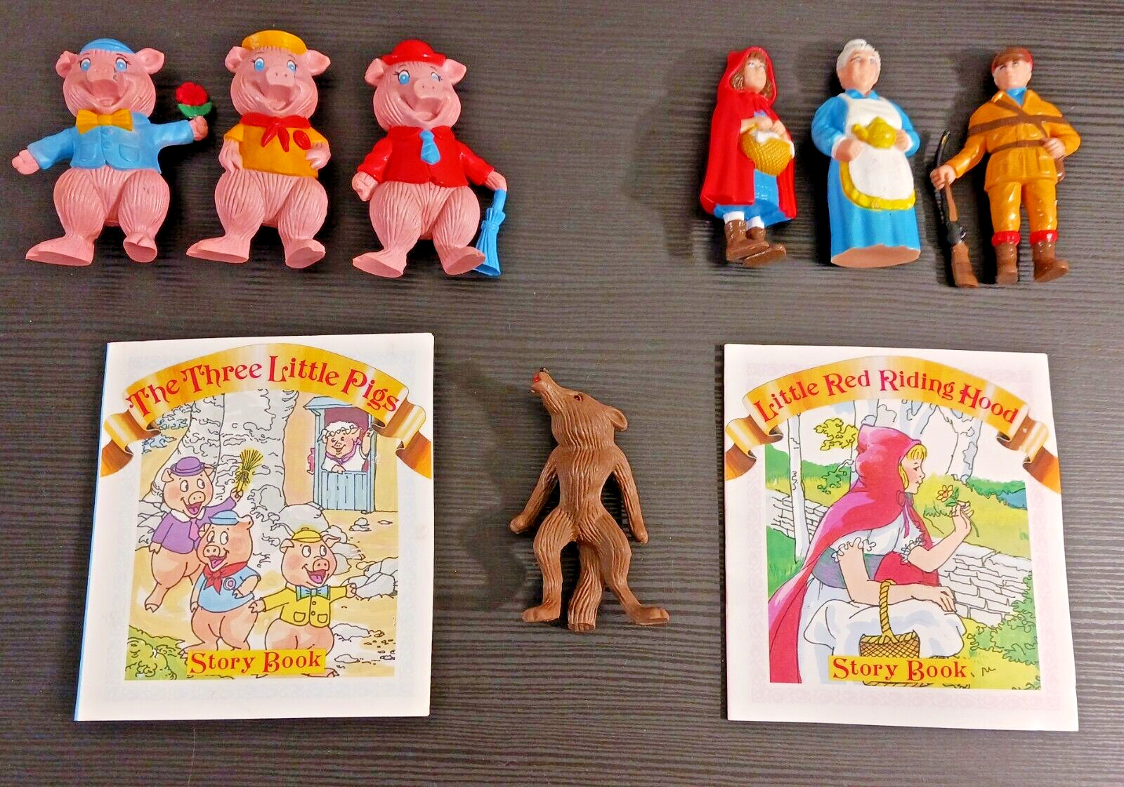 HG Toys Fairy Tales Vtg 1988 LOT 3 pigs Wolf Red Riding Hood Grandma PVC & Books