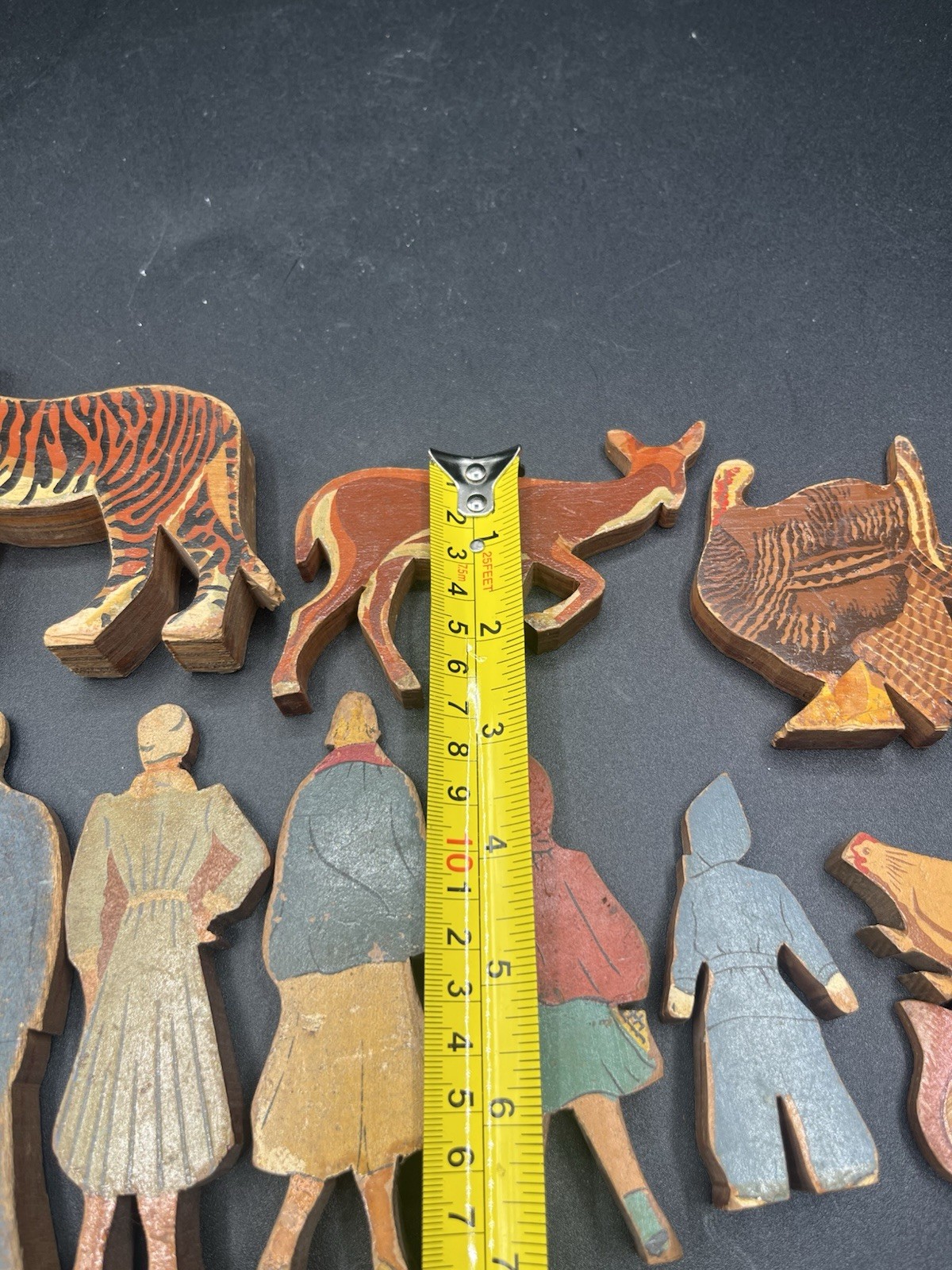 Lot Of 10 Vintage Wood People Animal Toys Tiger, Deer, Turkey, Chicken, Squirrel