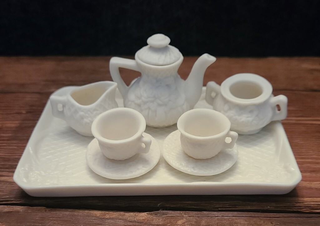 Vtg Mini Tea Set Ivory Bisque Ceramic Lattice Basketweave Pattern Missing 1 Lid