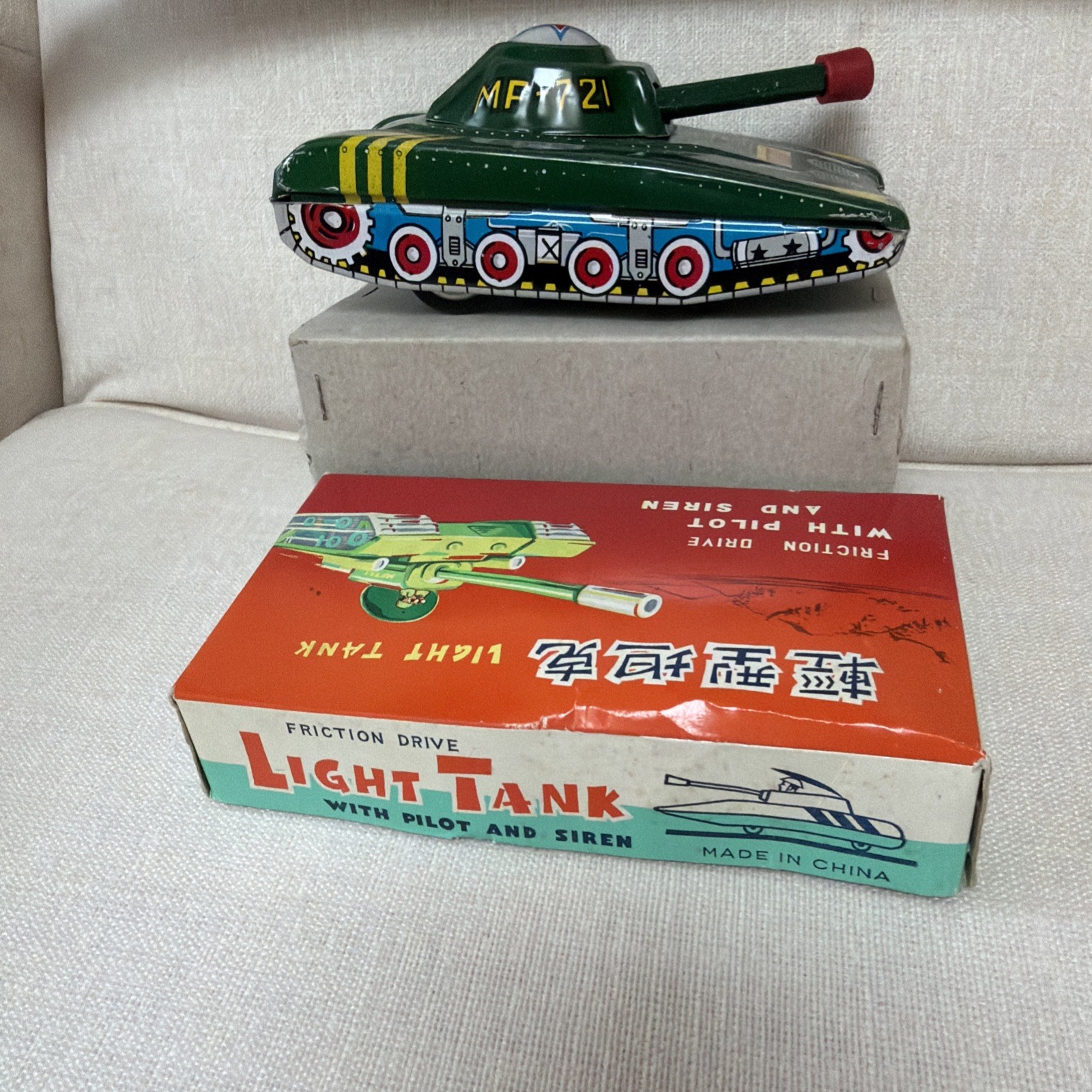 Friction Drive Light Tank with Pilot MF 721 Vintage Chinese Tin Toy