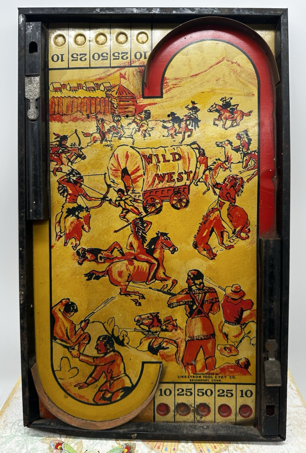 1930s Tabletop Pinball Game Toy by Lindstrom Tool & Toy Co Wild West Tin Litho