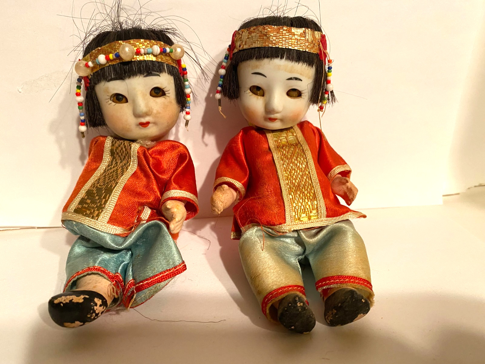 2 x Bisque Head Chinese Traditionally Dressed Sleepy Eyes Compo Body