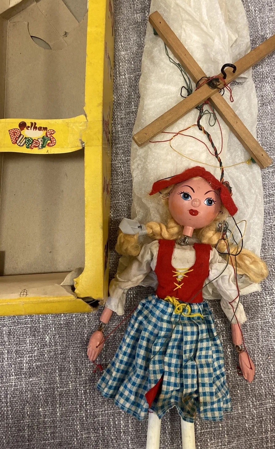 Vintage DUTCH GIRL Pelham Puppet Marionette DOLL Toy 12” Blue Skirt Yellow Clogs