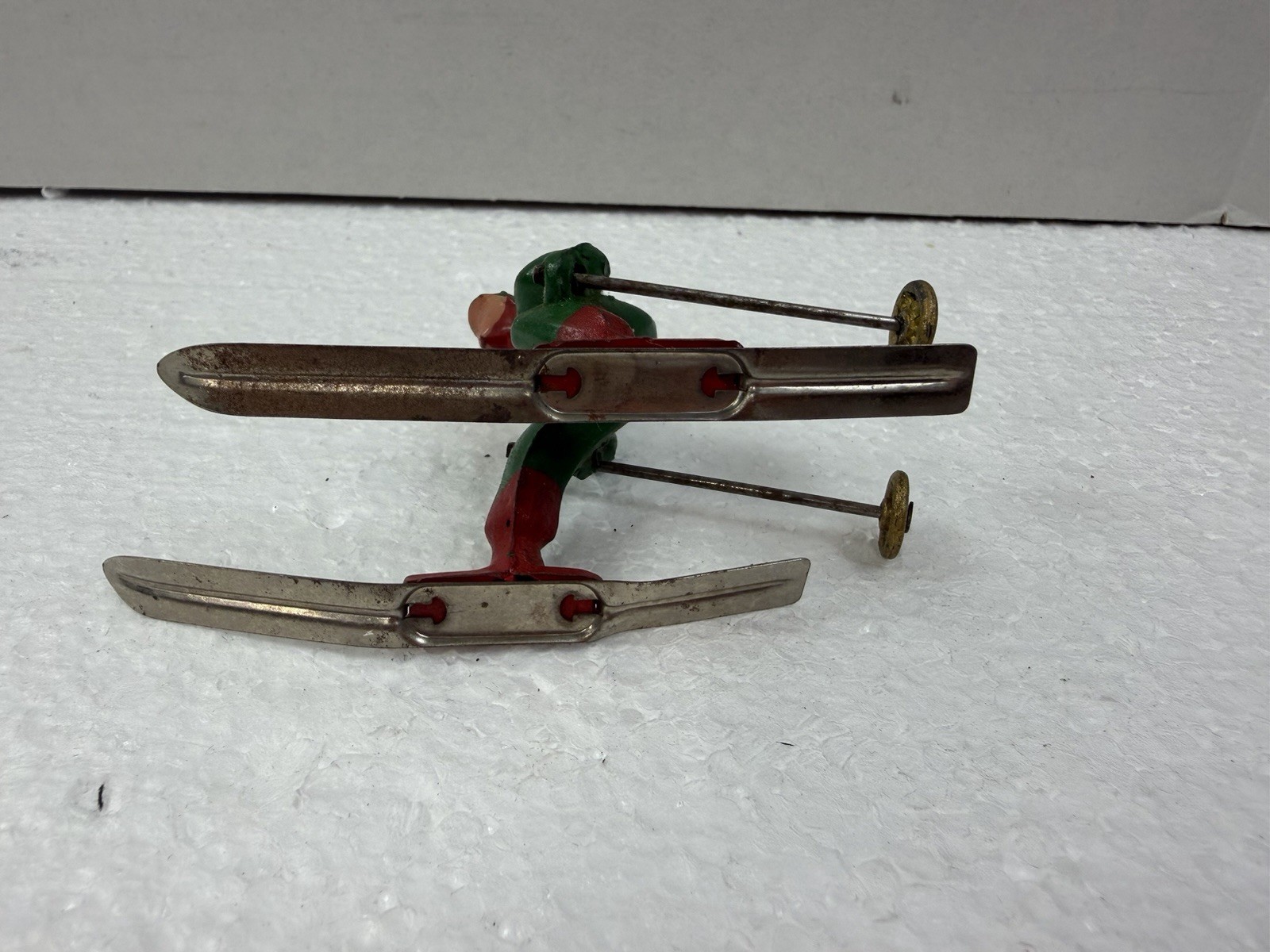 Vintage Barclay Lead Skier with Metal Skis and Ski Poles 1940 Red Green Lot Of 2