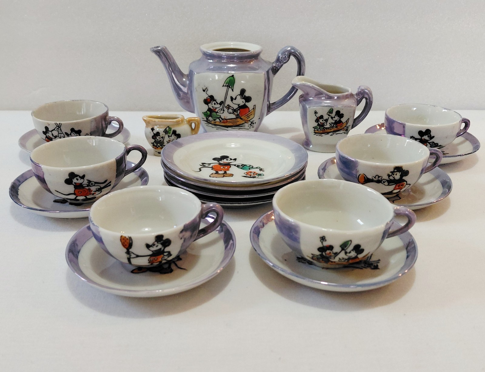 Antique Walt Disney Corp Mickey Minnie Mouse Tea Set Childs Lusterware 19 Pieces