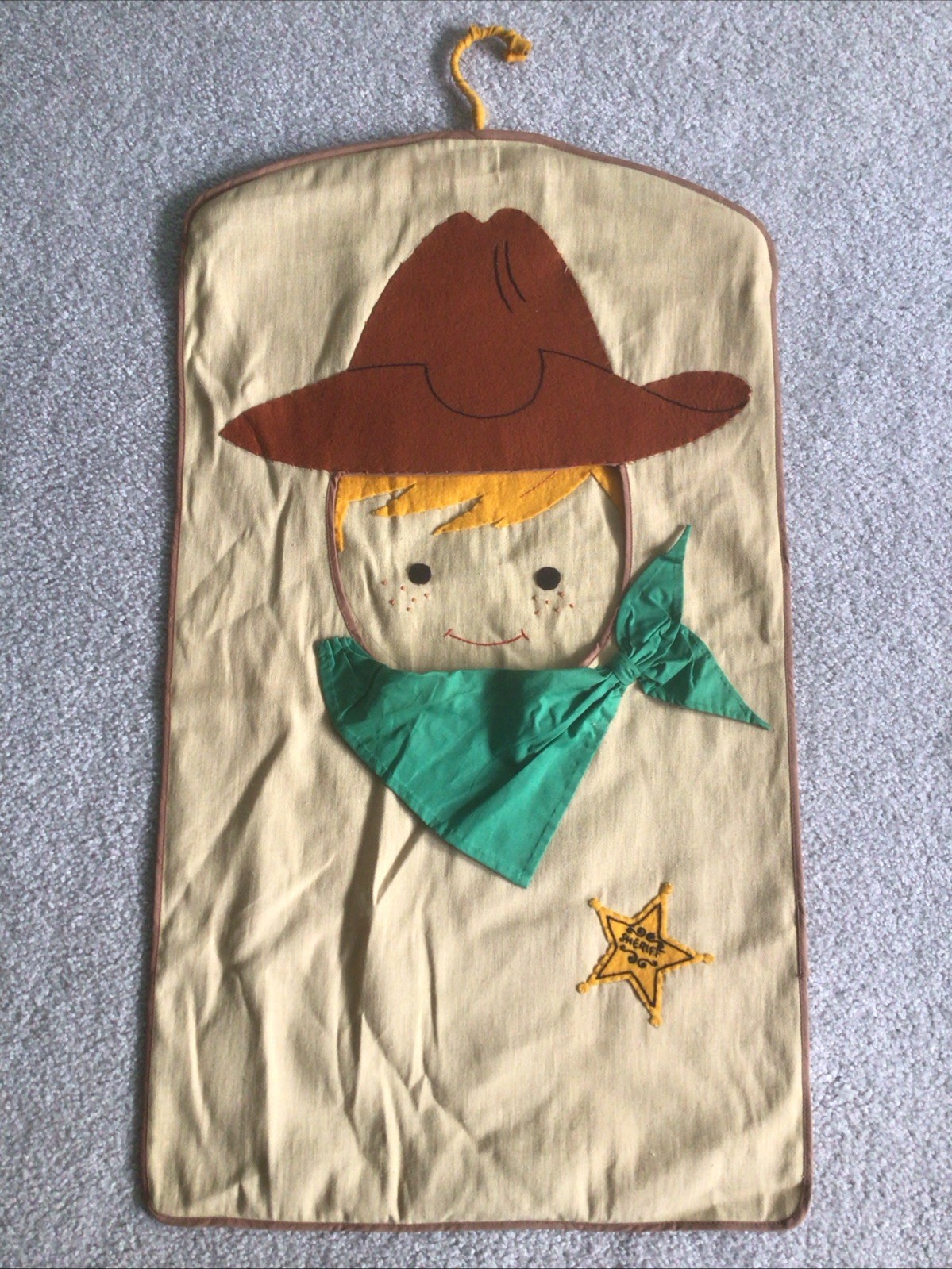 VTG Handmade Felt Cowboy Clothes Hanging Child Hamper 18”x31”’ W/ Padded Hanger