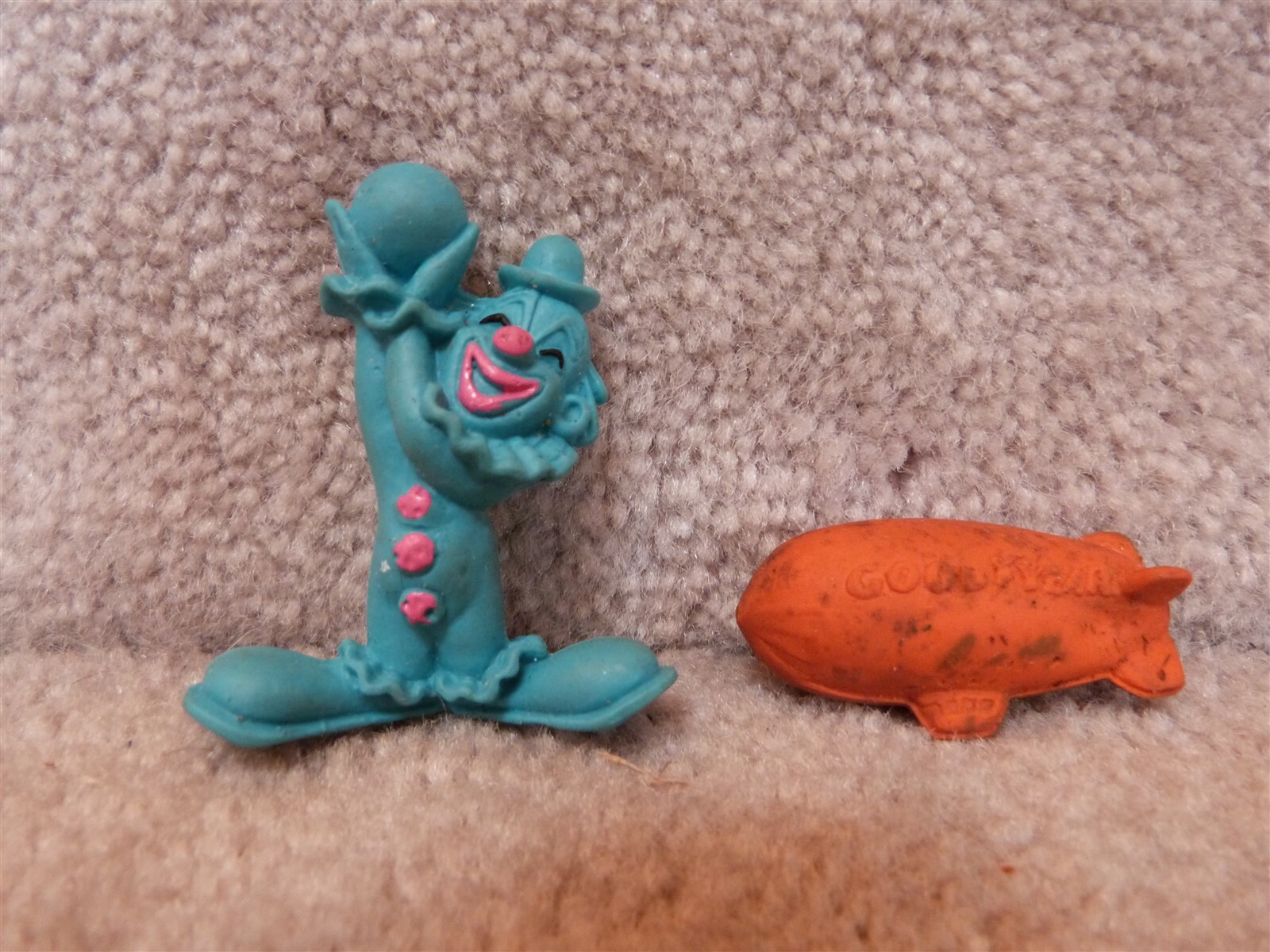 2 VINTAGE Erasers DIENER Industries Blue Clown 2 1/8″ & Good Year Blimp 2″