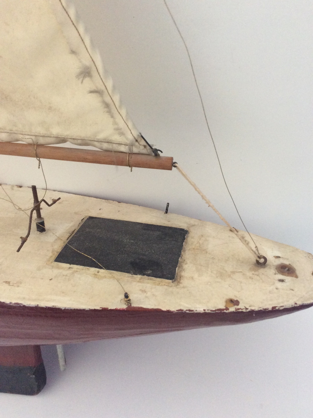 Lg. 44” Tall Vintage P.U.F.F.I.N. Red Cream Wooden Pond Yacht Sail Boat English