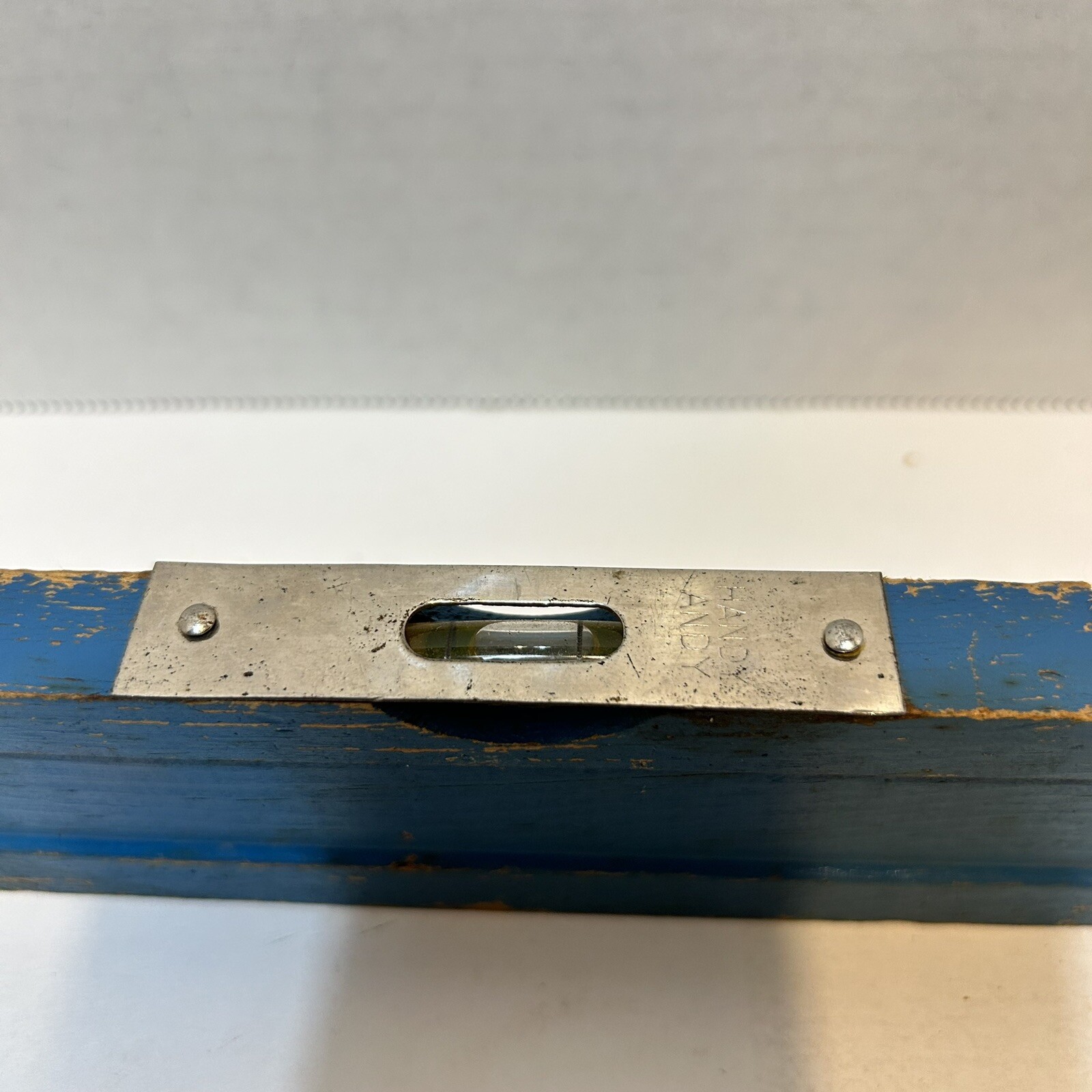 Vintage Handy Andy Blue Wooden Level Glass Bubble Metal Guard Tool 12 x 1.75″