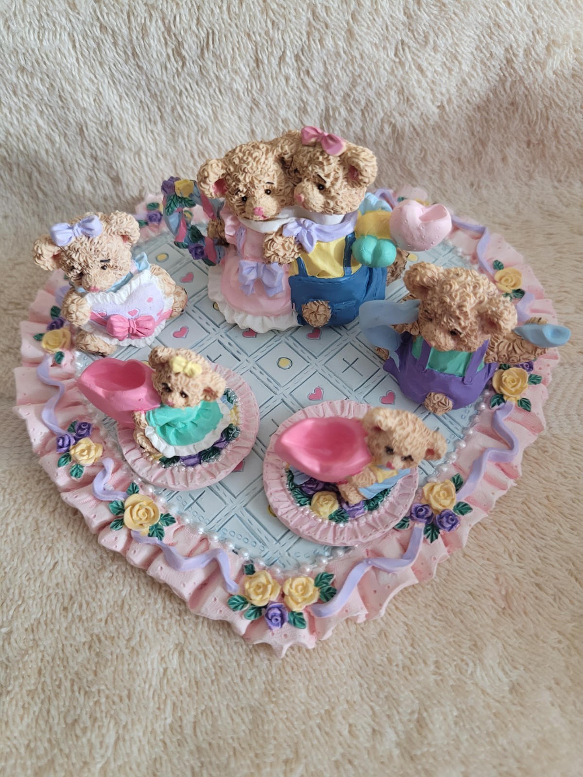 Miniature Teddy Bear Tea Set Flower Floral Resin Vintage