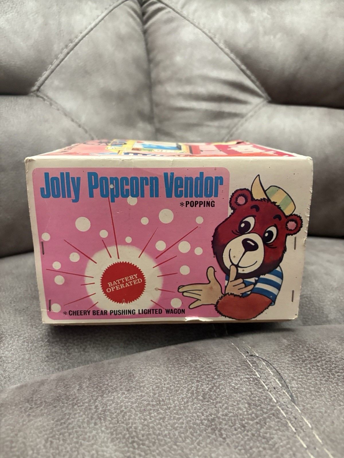 Vintage Tin Jolly Popcorn Vendor Cheery Bear Lighted Cart in original box