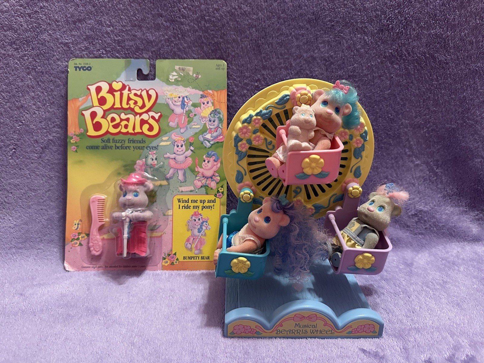 Vintage 1991 Tyco Bitsy Bears Musical Bearris Wheel Wind Up, Bumpety Bear MOC