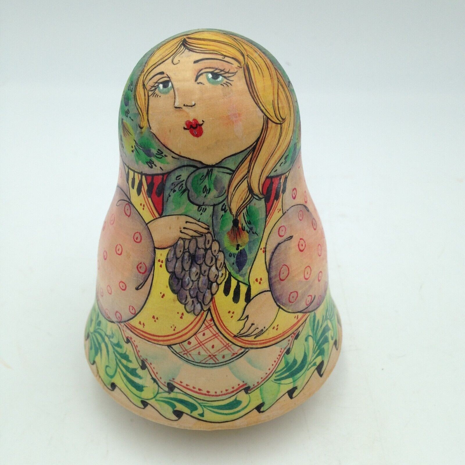 Roly Poly Wobble Toy Hand Painted Lady Grapes Matryoshka Artist Signed Folk Art