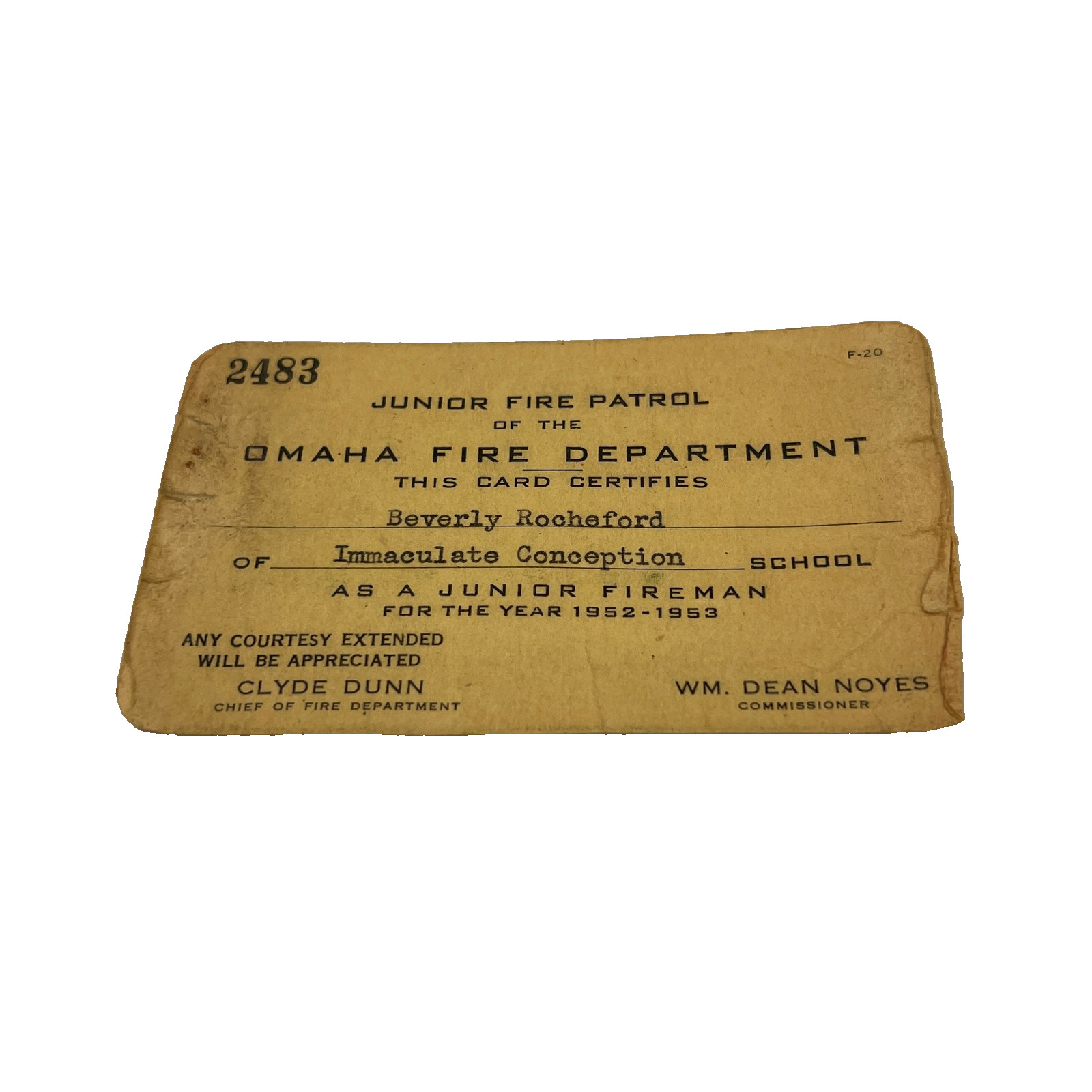 VINTAGE 1952 JUNIOR FIRE PATROL VINTAGE CARD OMAHA NEBRASKA FIREMAN MEMBER