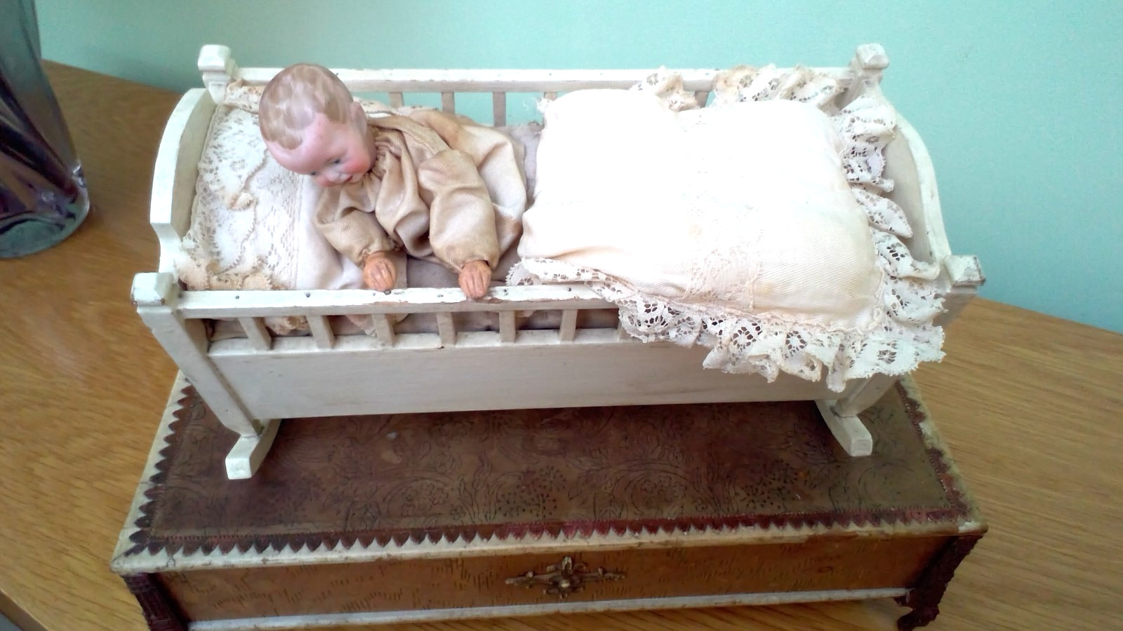 Fully Working Clockwork-Automaton of Baby in a Cradle Music Box circa 1900