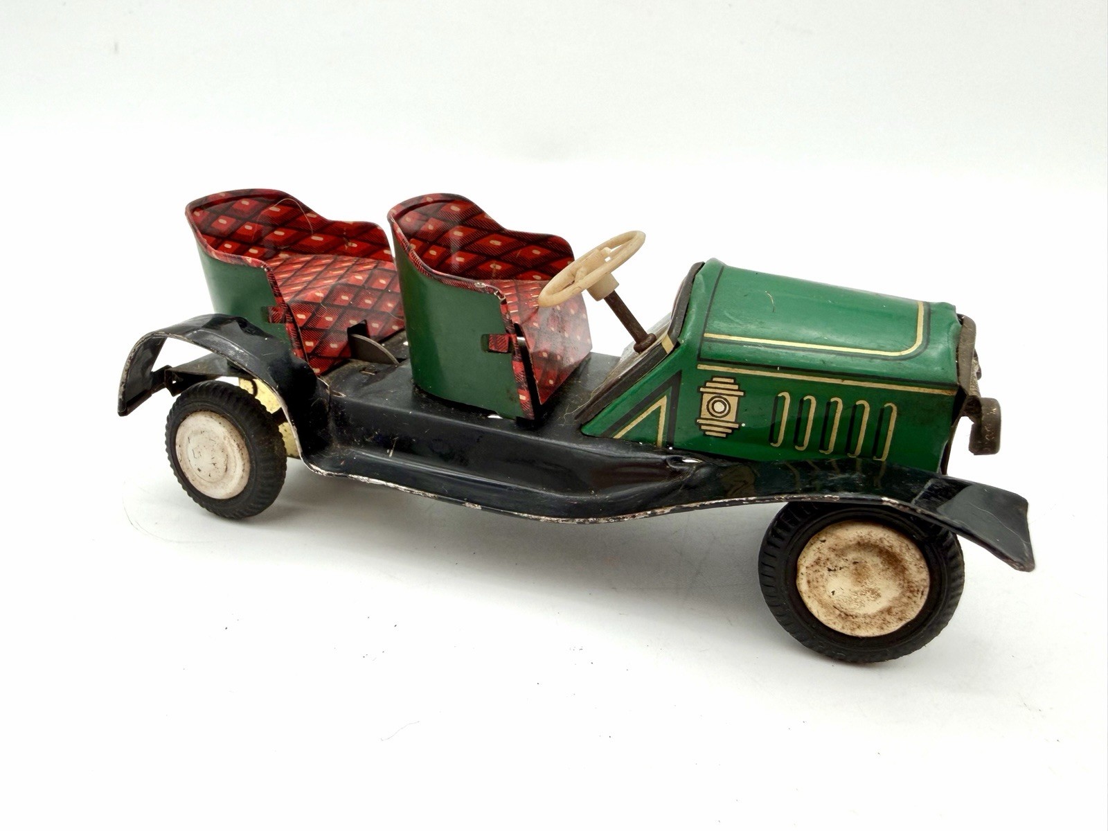 Vintage Japan Tin Litho Touring Car Friction Toy 5” Green Red Works