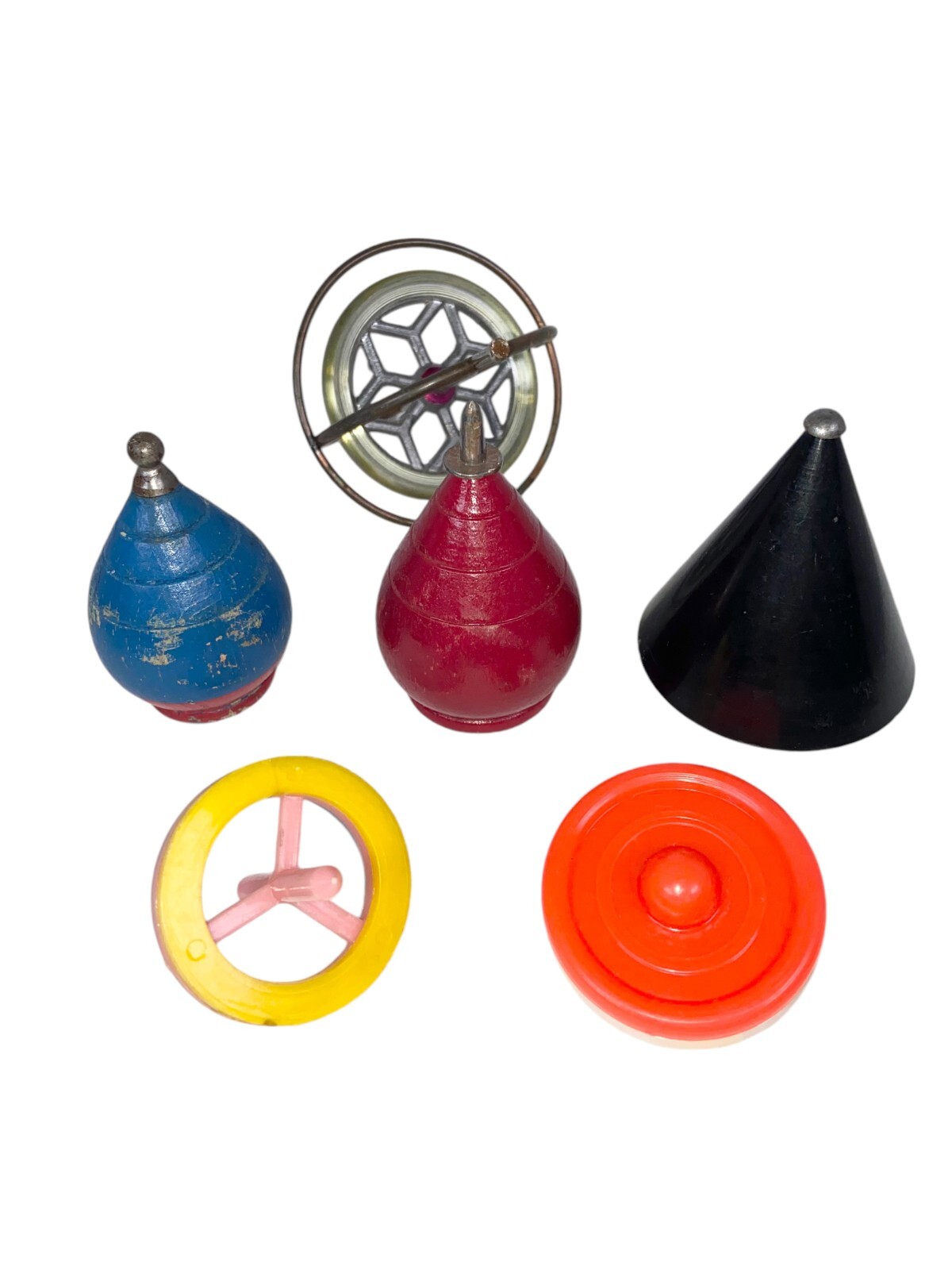 Vintage Wood Metal Plastic Spinning Top and Gyroscope Collection 6 pieces.