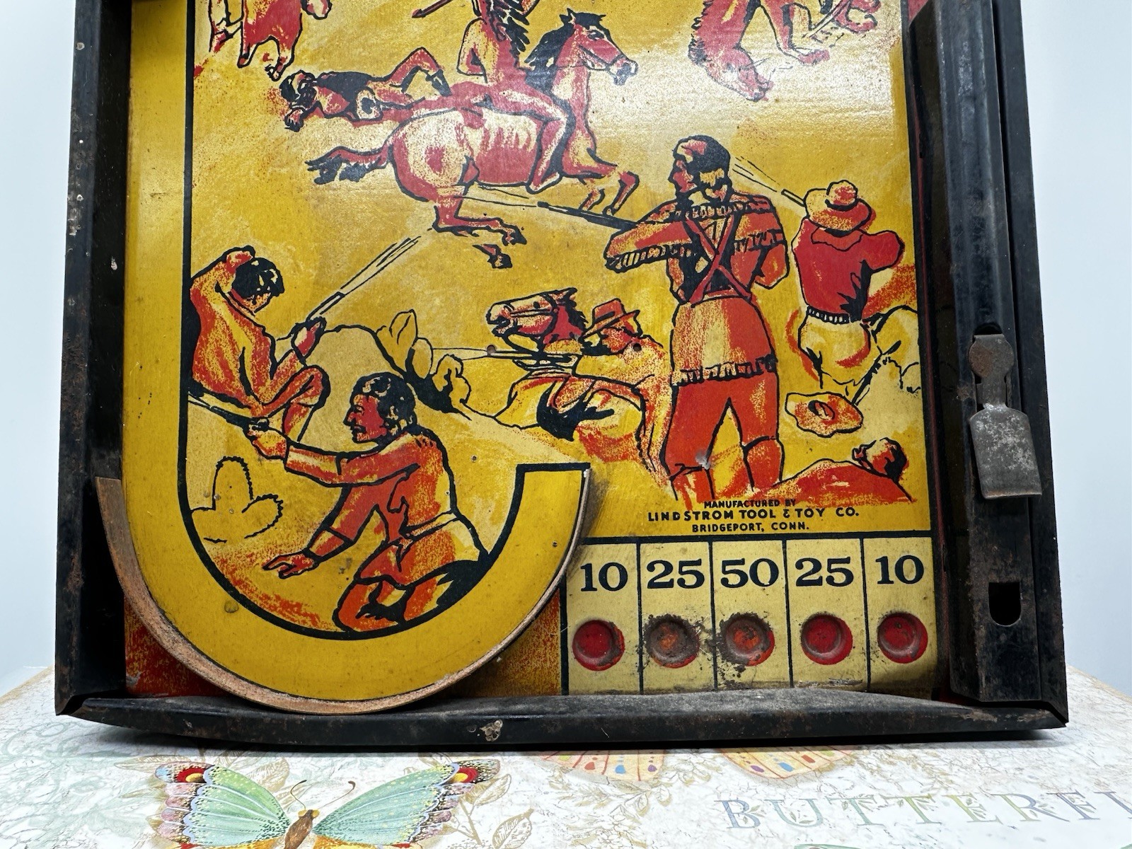 1930s Tabletop Pinball Game Toy by Lindstrom Tool & Toy Co Wild West Tin Litho