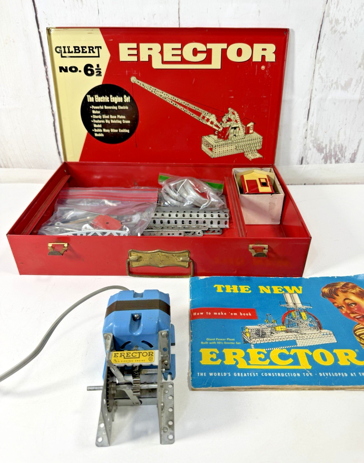 VTG 1954 GILBERT No 6 1/2 ERECTOR ELECTRIC ENGINE SET W/ CASE ~WORKING~ VIDEO