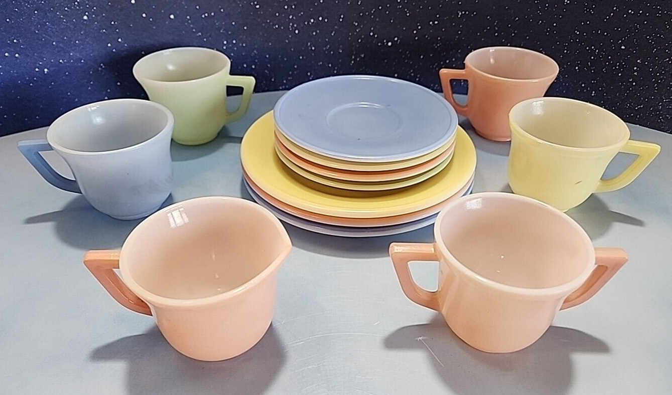 Vtg Lot of 13 Hazel Atlas Play Dishes Glass Pastel Platonite Child’s Tea Set
