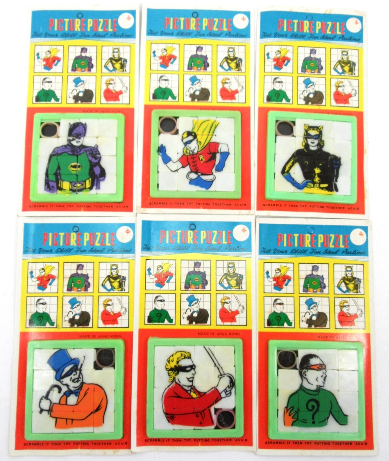 70s Batman Slide Puzzle Complete Set of Six Vintage Hong Kong NOS On Card