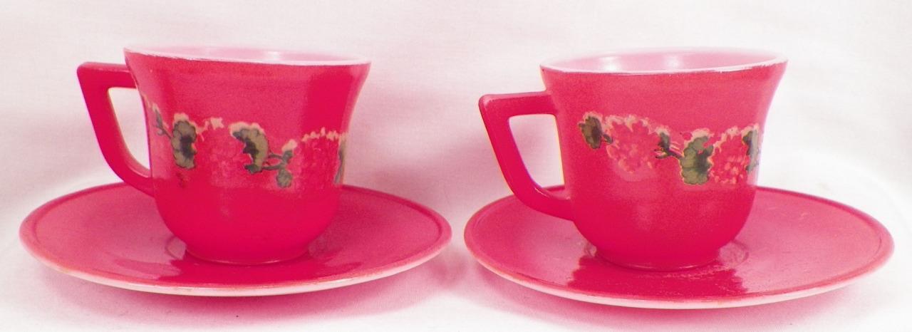 2 Hazel Atlas Orange Cups & Saucers Childs Toy Fired on Colors Flower Decal